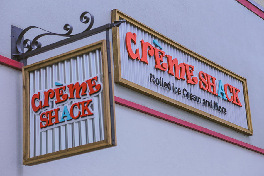 The Creme Shack Ice Cream Store is located on main street in Greenville, SC. Look for the Creme Shack sign.